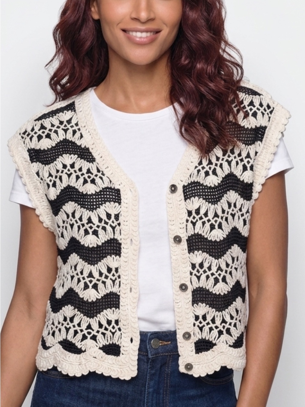 POL Crochet Button-Front Vest in Black & Cream